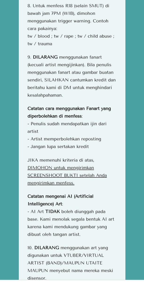 rubyfons's tweet photo. ♡》 Saya penulis Reina sudah membaca carrd dan sanggup mematuhi peraturan yang ada.

Gambar yang dilarang adalah gambar porno dan sejenisnya, fanart tanpa izin, gambar Vtuber/Virtual Artist/Utaite, serta penggunaan gambar manhua/hwa/webtoon tanpa menghilangkan tesk dan judul. https://t.co/VZj6MfN508