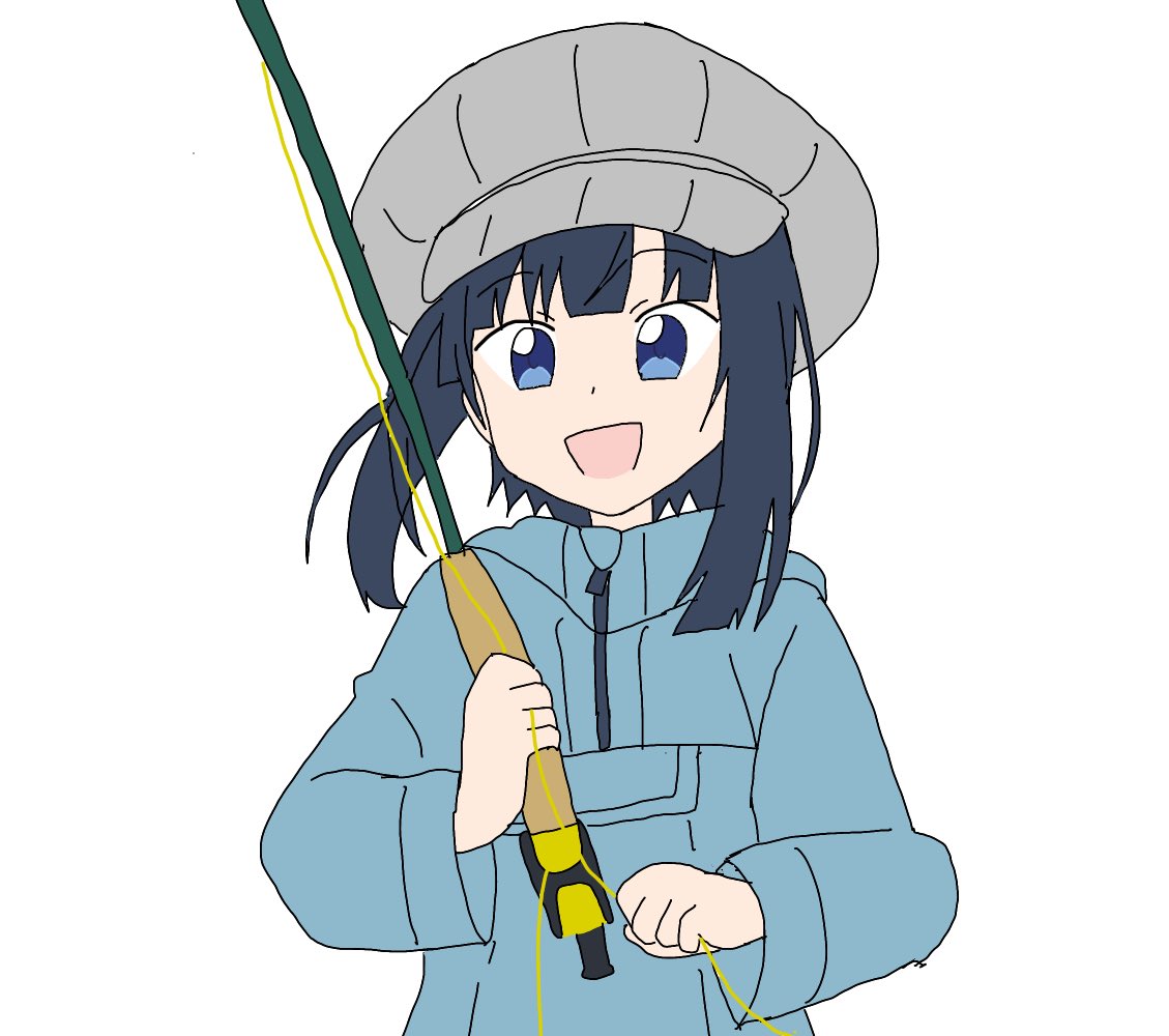 1girl solo smile fishing rod hat open mouth white background  illustration images