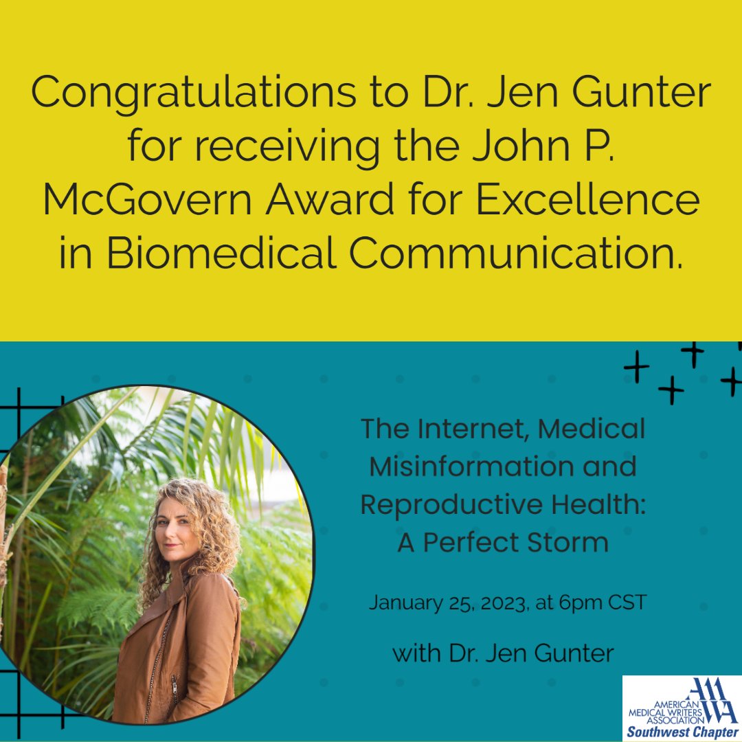 ColstonDr's tweet photo. Please join the AMWA SW Chapter for our John P. McGovern Award Lecture on Jan. 25, 2023, from 6-7:30 pm CST on Zoom.
Our speaker and recipient of the McGovern Award is Dr. Jen Gunter.
Register at https://t.co/0wnoArWpsf
#MedicalWriters #MedicalEditors #HealthCommunicators https://t.co/j8i4jefWCz