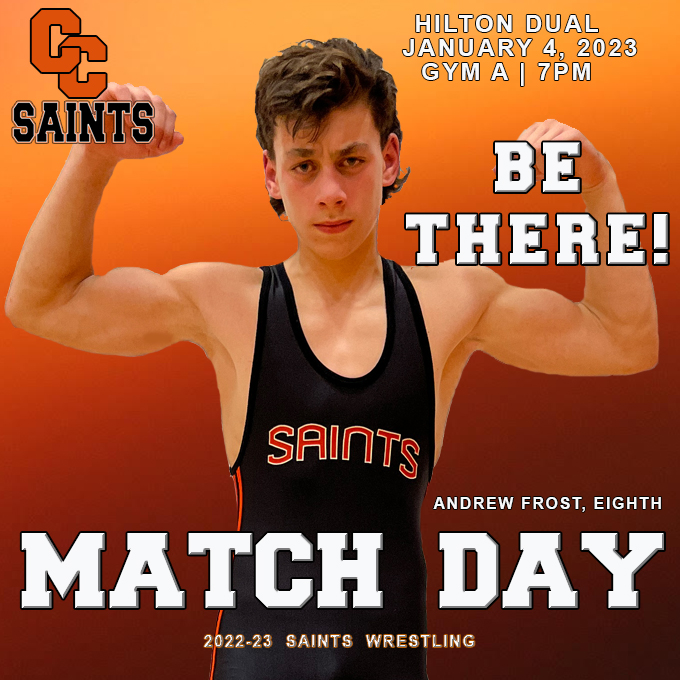 The Saints (NYS HM Large School) are hosting the Hilton Cadets (NYS #8 Large School) today.  Wrestling starts at 6:30p with the varsity team taking to the mat at 7pm.  This will be held in Gym A of the HS.