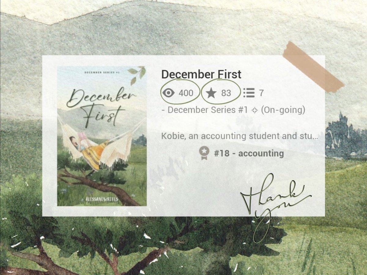 alessandwrites's tweet photo. Happy 400 reads and 83 votes, December First! 🌥️

Thank you all for the love and support. I super appreciate this 🤎 More readers to come this 2023 :) 

#DecemberFirst #DecemberSeries1 #alessandwritesWP https://t.co/WHT1z792nq