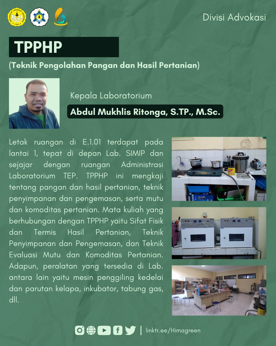 [LABORATORIUM TEKNIK PERTANIAN UNSOED] 

Halo Greeners!!! 

Ada informasi menarik nih terkait laboratorium-laboratorium yang ada di Program Studi Teknik Pertanian. 

Kira-kira ada apa saja ya? 
Yuk langsung kita simak! 🤩

#ADVOKASI
#HIMAGREEN 
#GOGREEN