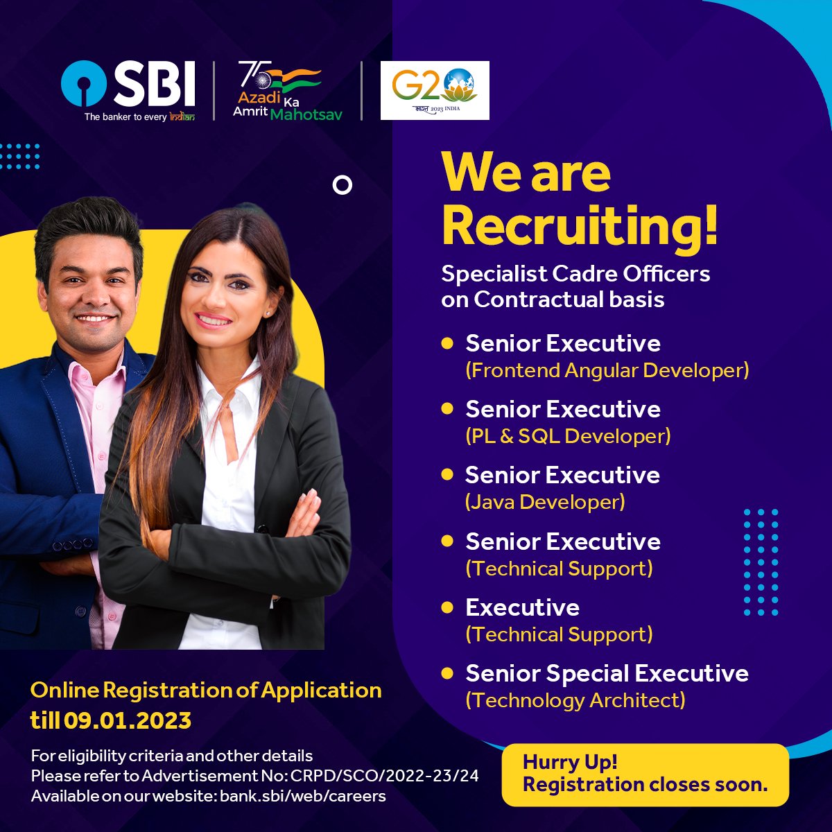 TheOfficialSBI's tweet photo. State Bank of India is recruiting Specialist Cadre Officers on a contractual basis with good technical knowledge.
To apply, visit: https://t.co/TquwQ1JeG0

Hurry up! Registration closes soon.

#JoinSBIFamily #SBI #StateBankOfIndia #AmritMahotsav https://t.co/aeTggRCs2e
