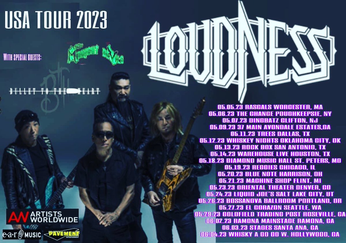 We are finally able to talk about this massive tour kicking off this summer supporting @LOUDNESS_INFO across the USA. ⁣ .⁣ . #lamf #kissarmy #heyholetsgo #neverbegforit #themidnightdevils #glamband #workingfortheweekend #chipznuff #glamrock #themidnightdevilsjapan #highway69