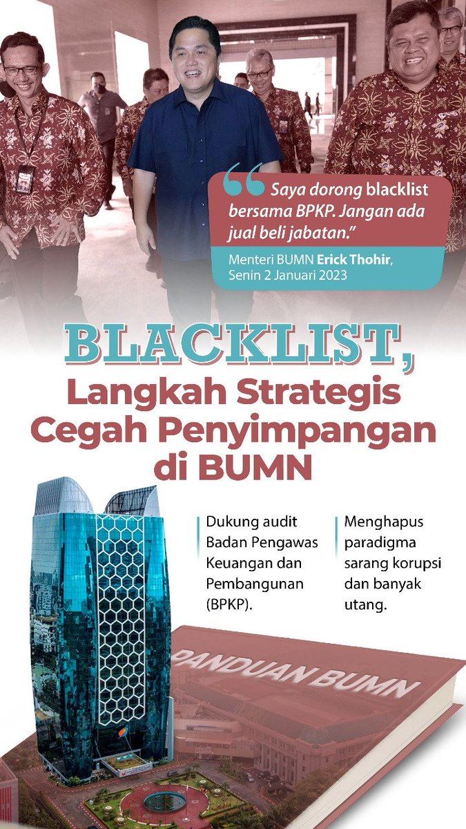 wefryterjal22's tweet photo. Kementerian BUMN Erick Thohir dorong blacklist bersama BPKP,jangan ada jual beli jabatan.
@erickthohir 
#BangkitBersamaET https://t.co/LoVLLAhJdu