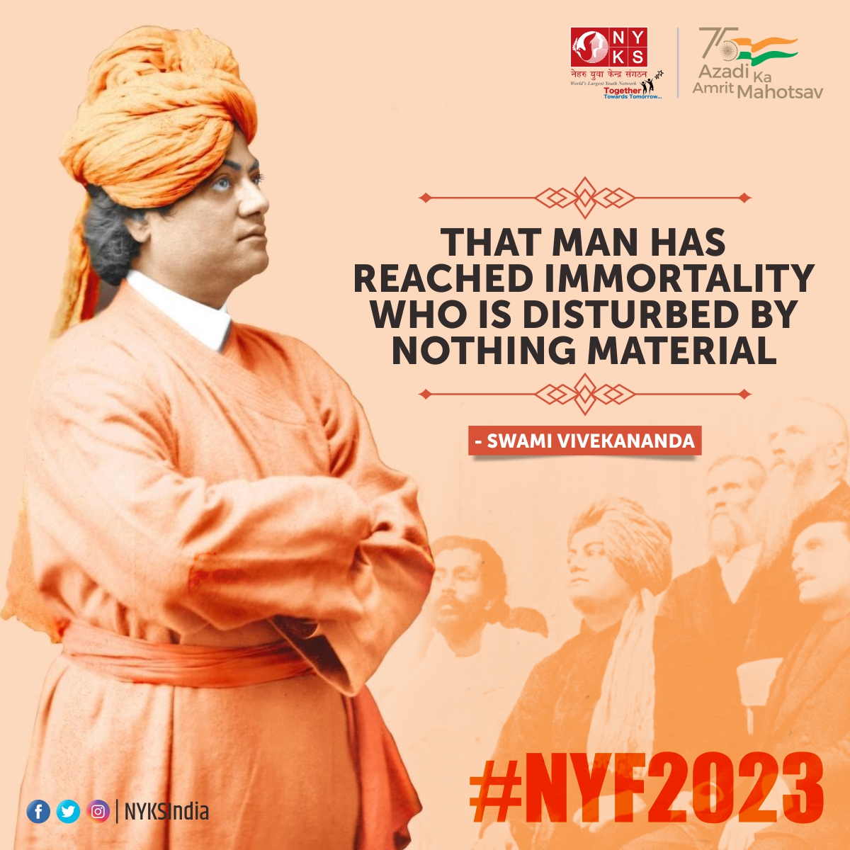 MYBharatHQ's tweet photo. Quote of the Day!

"That man has reached immortality who is disturbed by nothing material."-Swami Vivekananda.

#Motivationalquote #quote #motivational  #wednesday #NYF2023 #NationalYouthFestival https://t.co/oHmnNDMGZB