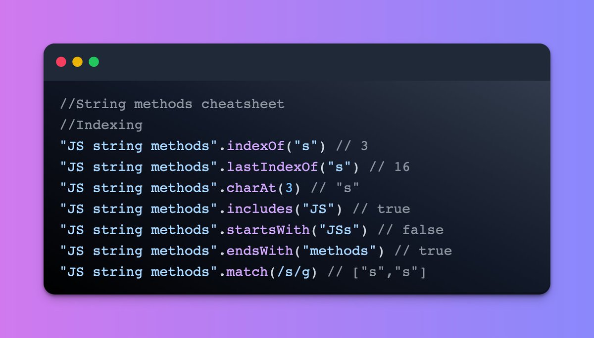 LessonSilent's tweet photo. String methods cheatsheet #javascript

#100daysOfCode #coding #hourofcode #Blogger  #DevHighlights #codeincommunity #developers #javascriptd #tech #OurBloggingLife #angularjs #ReactJS #JavaScriptKicks #HTML #CSS #NodeJS https://t.co/y1GvM90kfL