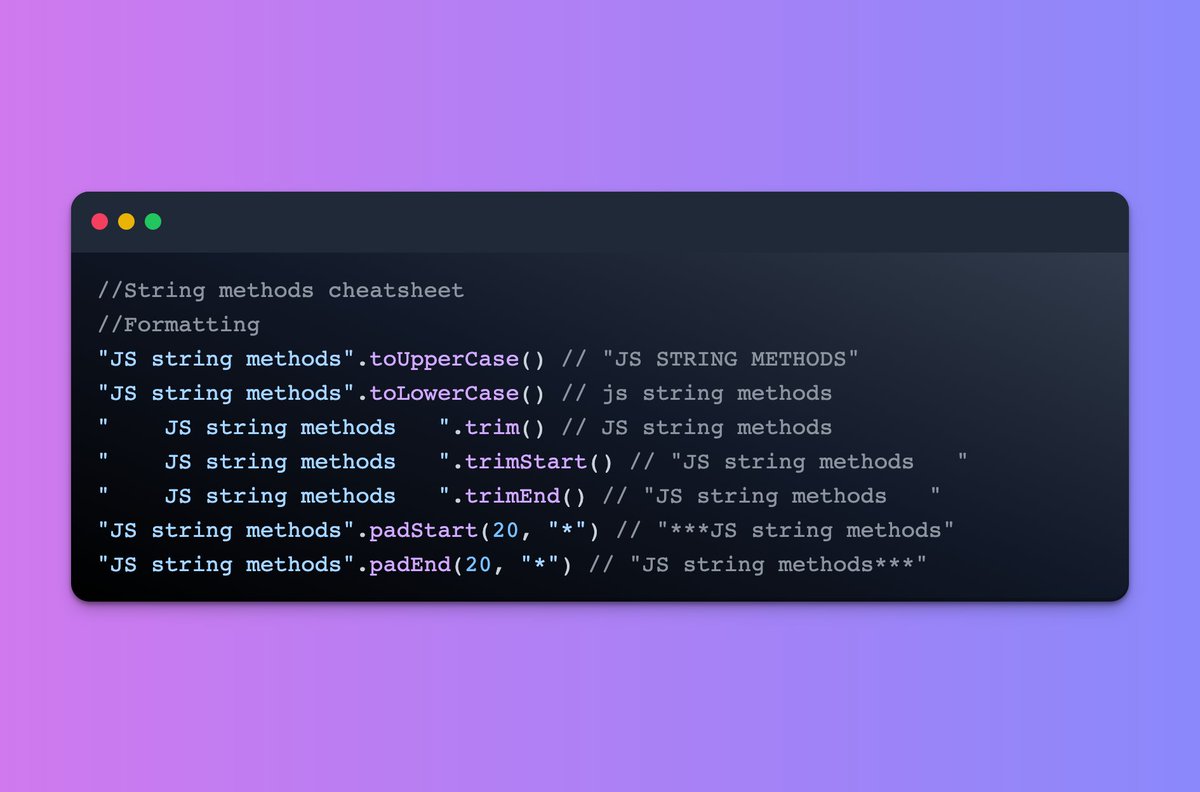 LessonSilent's tweet photo. String methods cheatsheet #javascript

#100daysOfCode #coding #hourofcode #Blogger  #DevHighlights #codeincommunity #developers #javascriptd #tech #OurBloggingLife #angularjs #ReactJS #JavaScriptKicks #HTML #CSS #NodeJS https://t.co/y1GvM90kfL