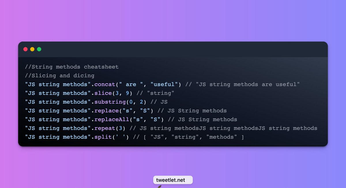 LessonSilent's tweet photo. String methods cheatsheet #javascript

#100daysOfCode #coding #hourofcode #Blogger  #DevHighlights #codeincommunity #developers #javascriptd #tech #OurBloggingLife #angularjs #ReactJS #JavaScriptKicks #HTML #CSS #NodeJS https://t.co/y1GvM90kfL
