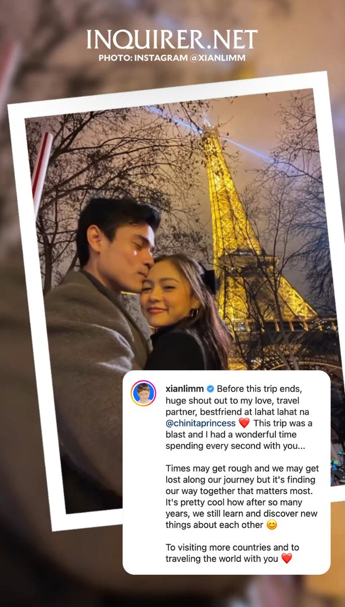 inquirerdotnet's tweet photo. 'TO TRAVELING THE WORLD WITH YOU' ✈️💙 

LOOK: Xian Lim writes a sweet meesage for Kim Chiu, his "love, travel partner, [and] bestfriend," following their recent trip to Paris. | 📸 Lim https://t.co/gxxeJ5RgEr