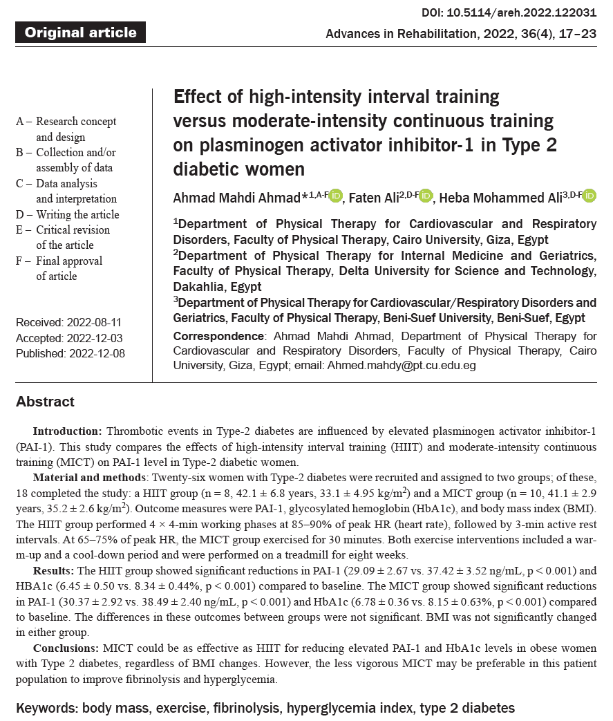 AdvReha's tweet photo. 🆕Effect of #high-intensity #interval training versus moderate-intensity continuous training on #plasminogen activator inhibitor-1 in Type 2 #diabetic women
✍️Ahmad, Ali, Ali🇪🇬
#OpenAccess
https://t.co/vhDCJ04imC https://t.co/8Lw8E8vgUT