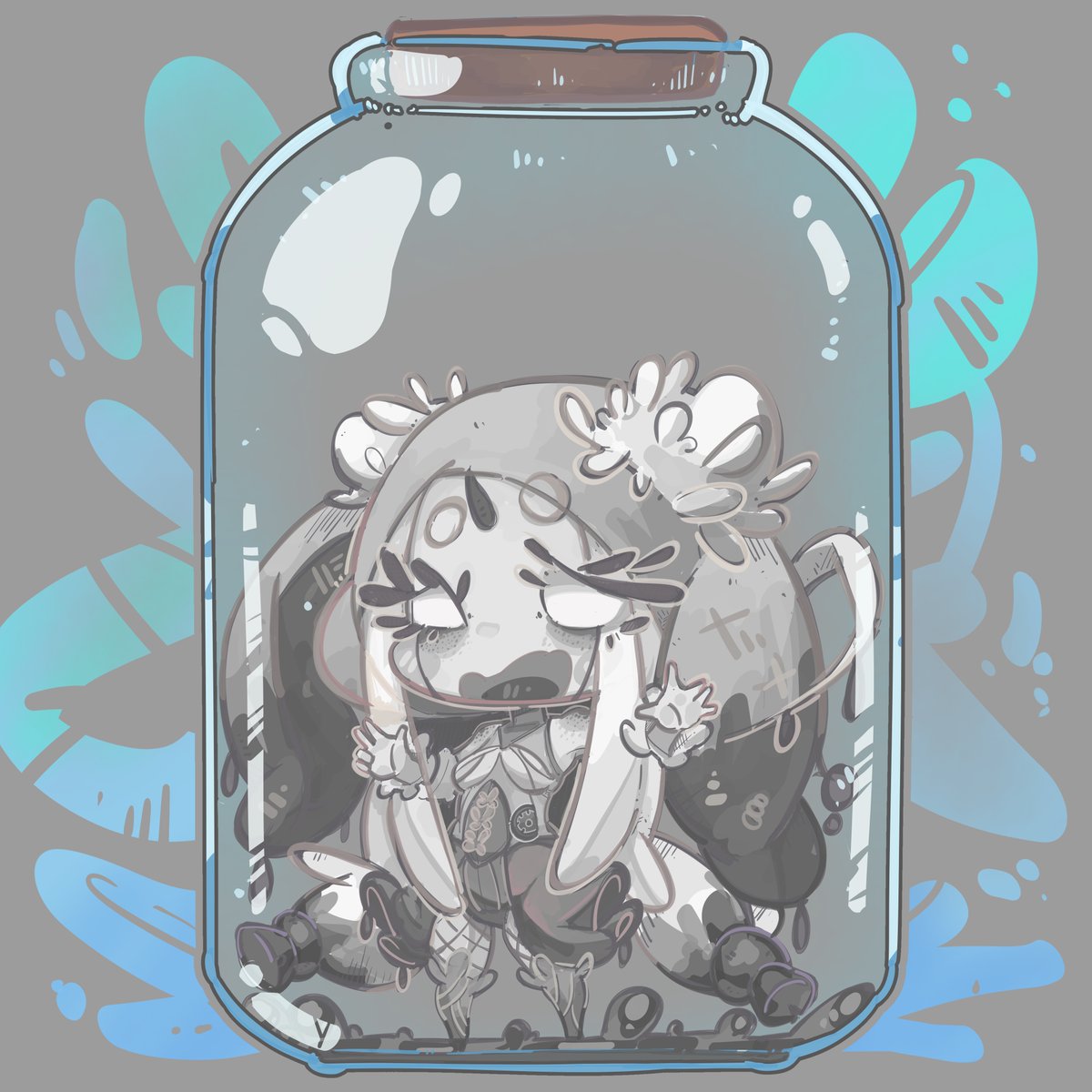 ValdisVox's tweet photo. "Oh nooo~ I'm trapped in a jar 😭 LEMME OUT!"
(🎨 @/scy.andro )

I plan on making this into a sticker in the future!🤍💧
#Vtuber #Vtuberart #ValArt https://t.co/SIumbnWWI0