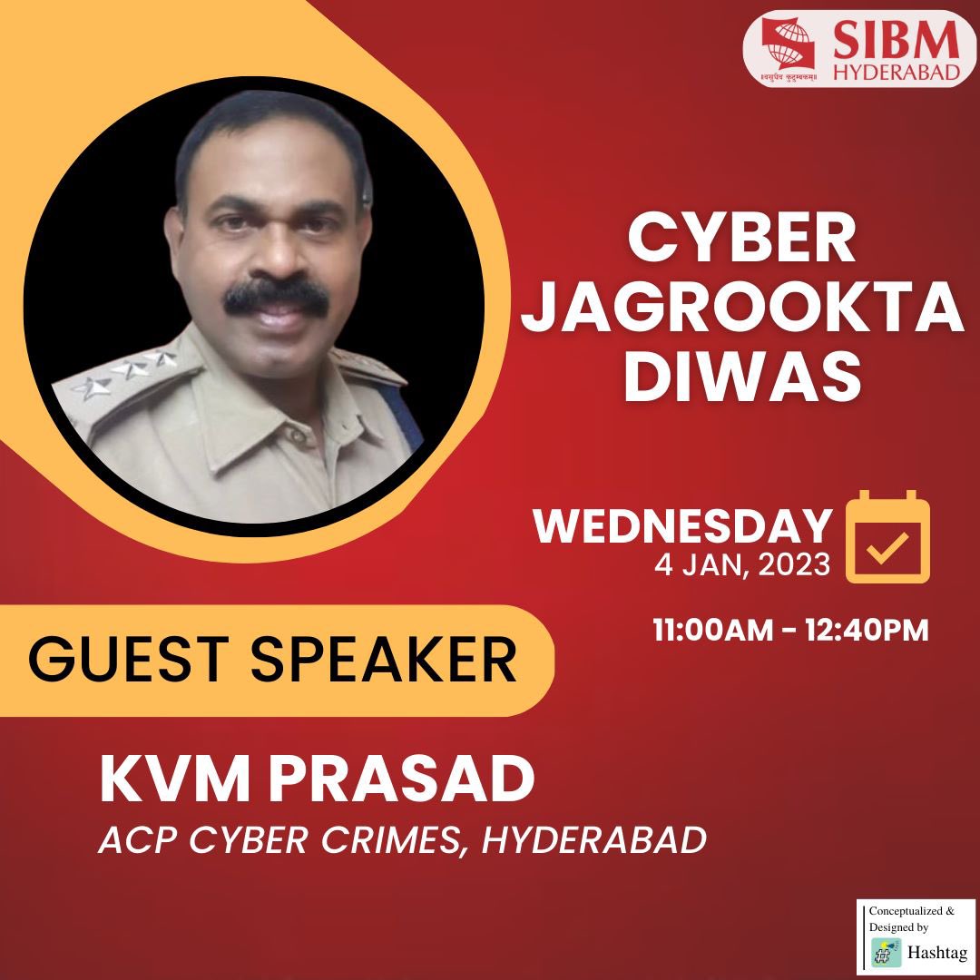 SIBM Hyderabad is elated to have Mr. KVM Prasad, ACP Cyber Crimes, Hyderabad.
We are honoured to receive his valuable insights on the occasion of Cyber Jagrookta Diwas on 4th Jan, 2023.
#sibm #sibmh #cyberjagrooktadiwas