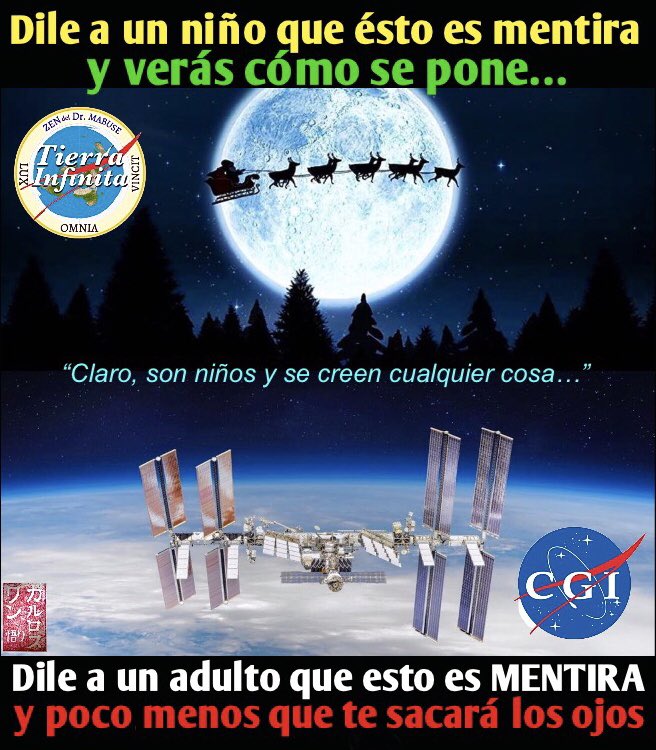 CSatori's tweet photo. Hagan la prueba si quieren, pero preparen alcohol y tiritas. Cuando algunos adultos han respondido bien a su correspondiente adoctrinaMIENTO, tristemente no hay manera -en general- de sacarle de sus “trece” y abrirle los ojos a otras posibilidades… #Verdad #NASAFake #EEIFake https://t.co/0YnuNypCTr