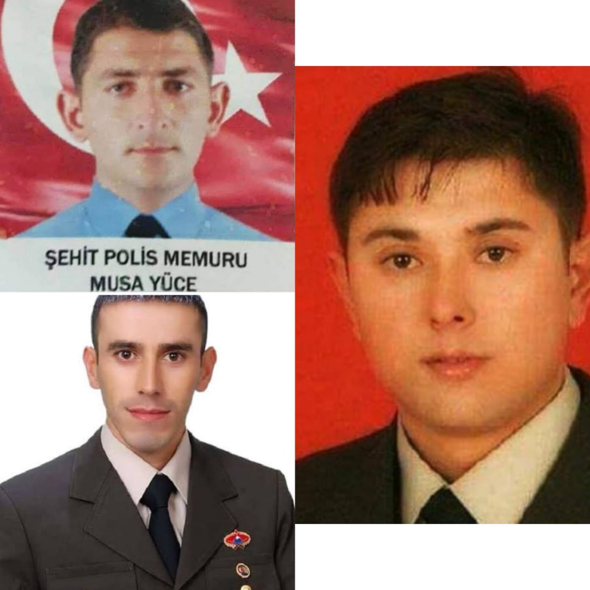 Şehit Özel Harekat polisi Musa Yüce🇹🇷
Şehit Jandarma Uzman Çavuş Nuh Özdemir 🇹🇷
Şehit Uzman Çavuş Kenan Karabacak 🇹🇷
4 Ocak 2016 🇹🇷🕊
Diyarbakır'ın  Sur İlçesi'nde devam eden operasyonlarda PKK'lı teröristlerin saldırısında şehit olmuşlardı 

Şehadetinizin 7.yılı mübarek olsun🇹🇷