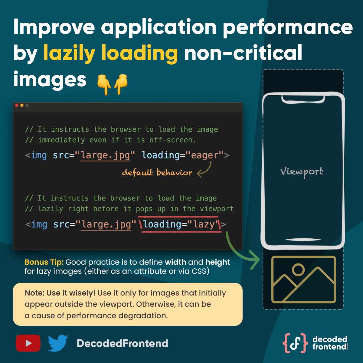 DecodedFrontend's tweet image. #frontendsnack 21💡Quick and easy tip on how you can improve initial page load by lazy load non-critical images 🚀 Follow me on Twitter for more tips about #webdevelopment #javascript and #Angular