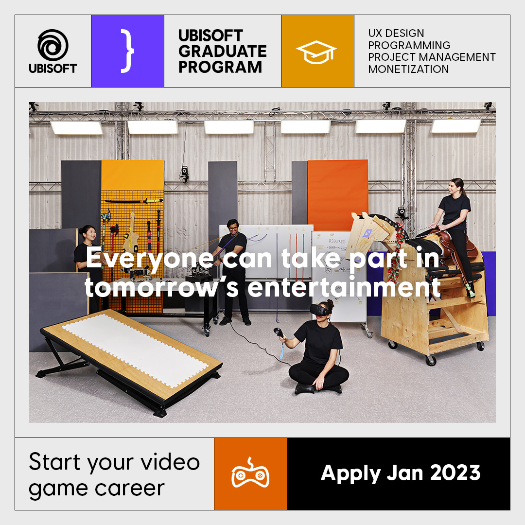Ubisoft's tweet image. Start your video game career with the #UbiGradProgram 🎓 Discover everything from locations, to requirements, to job paths, or apply now by clicking on the &quot;Search Jobs&quot; button and entering &quot;graduate program&quot;  🚀🎮
👉 ubi.li/1a3qB