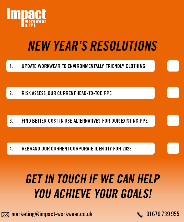 ImpactWorkwear's tweet photo. HAPPY NEW YEAR from Impact Workwear &amp; PPE!

We hope you all enjoyed some well earned time off and are preparing for another successful year.

If some of your New Year's Resolutions look like the below for 2023, we would be happy to help you tick them off your list. https://t.co/fYoD4oQulm
