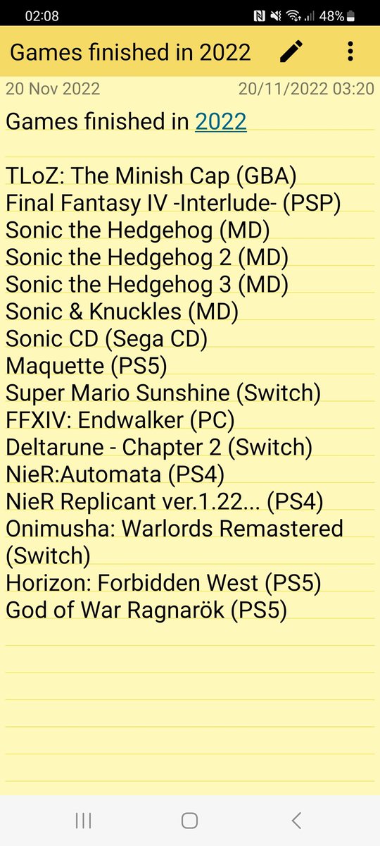 plankingwizard's tweet photo. Here's my list of completed games for 2022. Glad I made a dent in the Sonic games, and Endwalker was amazing. However, my highlight was definitely playing the Nier games. https://t.co/hm79UUdqol