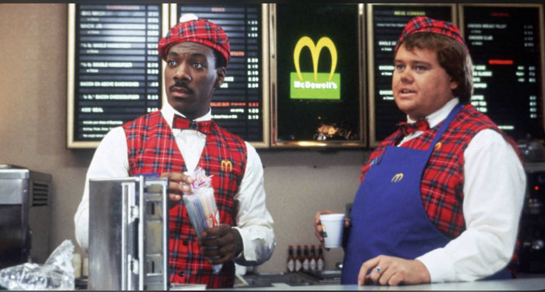 ExtremeFootbal4's tweet photo. @Gibboanxious In #ComingToAmerican the royal crew pop into a McDowells for some fast food. Maurice (Louie Anderson) has a little monologue at that would later be referenced in the 2005 song "Gold Digger" from Kanye West where the lyrics say, "He got that ambition, baby, look in his eyes." https://t.co/qxDipzciK1