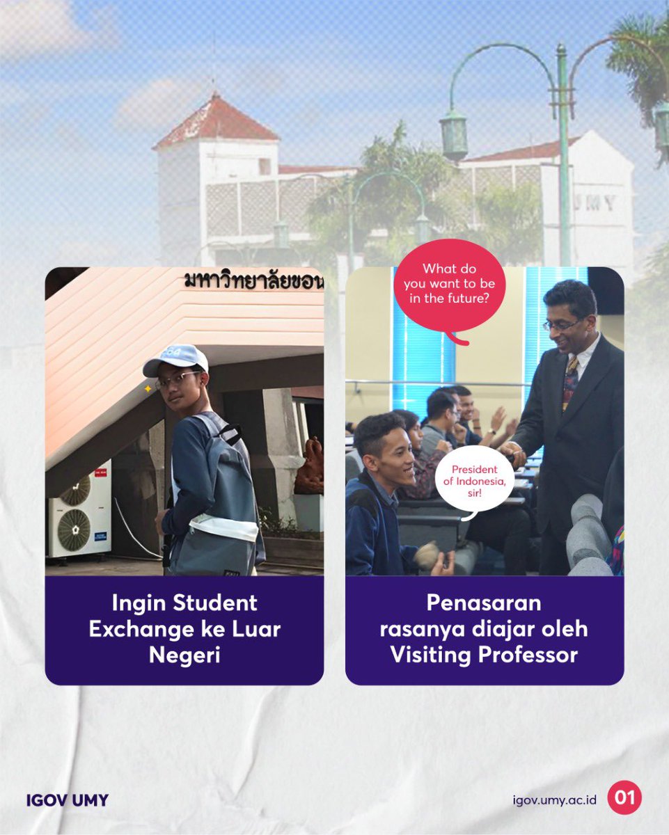IGOVUMY's tweet photo. Nih ciri-ciri kamu harus kuliah di IGOV UMY.  Kalo kamu adalah orang yang suka mengembangkan diri, kamu harus masuk IGOV UMY. Karena kamu bisa belajar pemerintahan, bisa exchange ke luar negeri dan bisa belajar bareng dosen dari Luar negeri lho. https://t.co/Wd9l5JSHoO