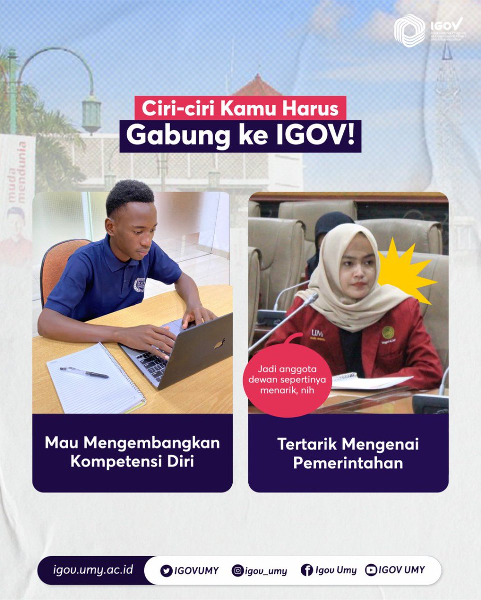 IGOVUMY's tweet photo. Nih ciri-ciri kamu harus kuliah di IGOV UMY.  Kalo kamu adalah orang yang suka mengembangkan diri, kamu harus masuk IGOV UMY. Karena kamu bisa belajar pemerintahan, bisa exchange ke luar negeri dan bisa belajar bareng dosen dari Luar negeri lho. https://t.co/Wd9l5JSHoO