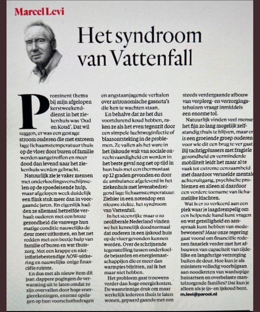 a3dons's tweet image. Lezenswaardige column van @MarcelLevi Het #SyndroomVanVattenfall
Hoe de zorg voor ouderen, de armoede en te lang thuis wonen totaal verkeerd uitpakt.