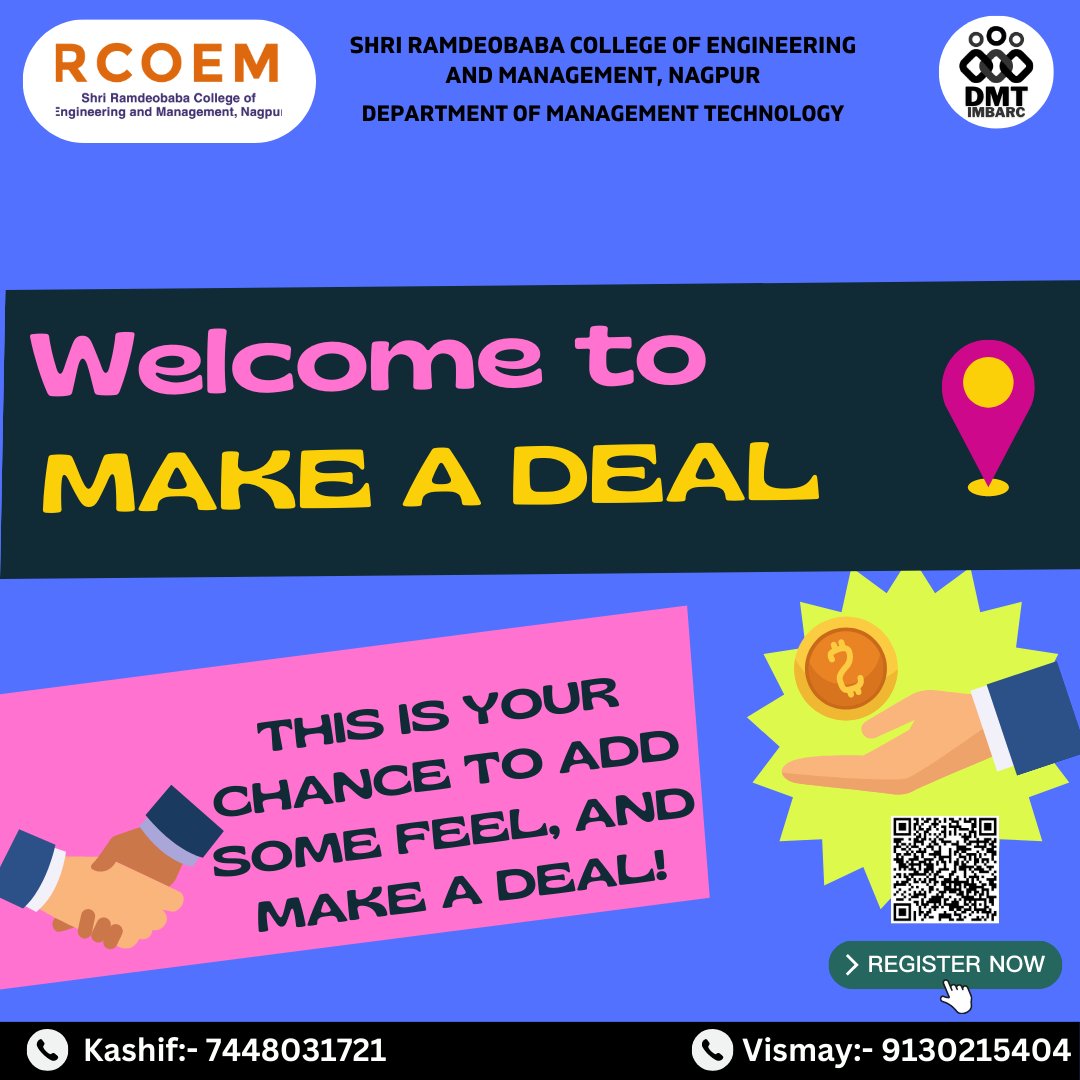 DRcoem's tweet photo. MAKE A DEAL🤝
Business has only two functions- Marketing and Innovations✨
Perfect place💫 to Demonstrate your skills 
Scan the QR code or use the link in the @imbarc_dmt bio. 
Credits - IMBARC TECH TEAM 
@rahulnagrani10 
@youuweeeee 
@rajasdhote
@khyati01_
@salujapawandeepsingh https://t.co/WKdpUXNSBS