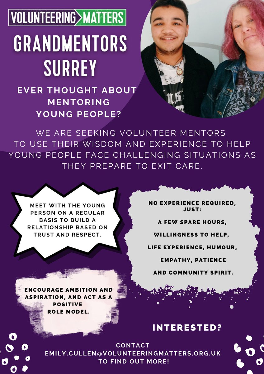 Looking to volunteer in the New Year? 

Join #Grandmentors and mentor young people who are facing changes and challenges of life. 

All that is needed is a few spare hours, and a desire to help others! Training and support is provided.

#Surrey #Volunteer #Volunteeringmatters