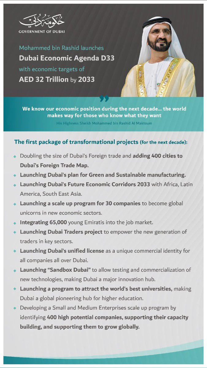 The Dubai Economic Agenda D33 includes 100 transformative projects, with economic targets of AED32 trillion dirhams over the next 10 years, doubling our foreign trade to reach AED25.6 trillion and adding 400 cities as key trading partners over the next decade.