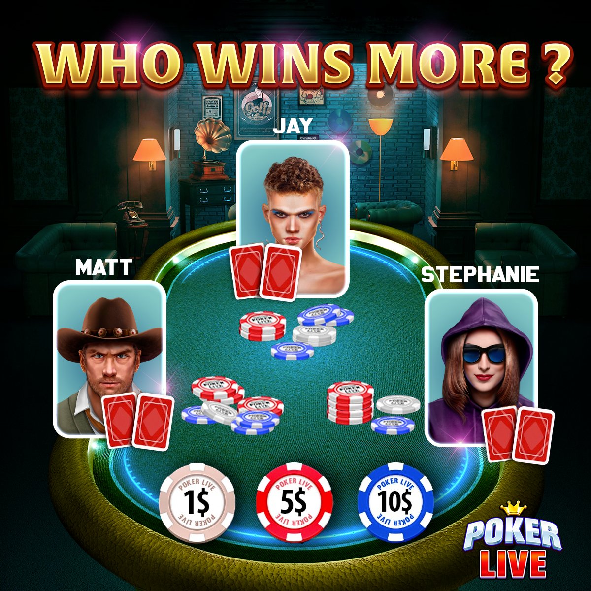 PokerLiveGameO1's tweet photo. 😎Who wins in this poker table? Tell us below 👇 the name of the player and win CHIPS💰

📣 How to win 250,000 free chips:
1) Click on "Settings", you will see "Redemption Code"
2) Click on "Input" and type in the code "Pokerlive122235c" 
3) Click on confirm and enjoy the game! https://t.co/bGZOWWdmv1