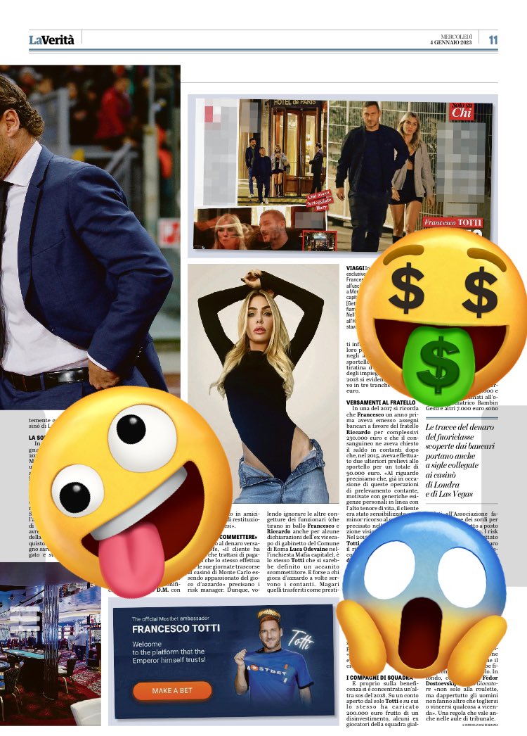 Mega scoop de <a href="/LaVeritaWeb/">La Verità</a> su #Totti, scommesse e antiriciclaggio. Scoop possibile quando non indossi #lasciarpettainredazione ma fai giornalismo (e Giacomo Amadori è un top).
Reminder cmq che la presunzione d’innocenza vale per tutti