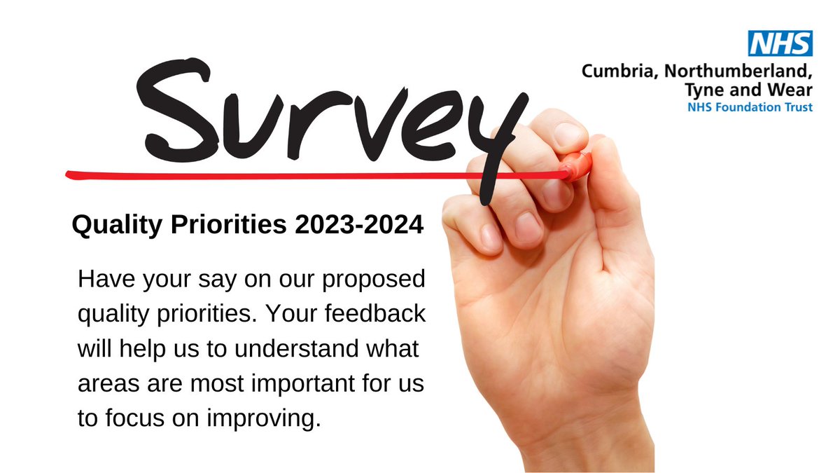 The Quality Priorities Survey is your opportunity to help set our priorities for the coming year.

Your feedback will help us to understand what areas are most important for us to focus on improving.  

You can complete the survey at: surveymonkey.co.uk/r/S8JF6MF

Closes on 16/01/23