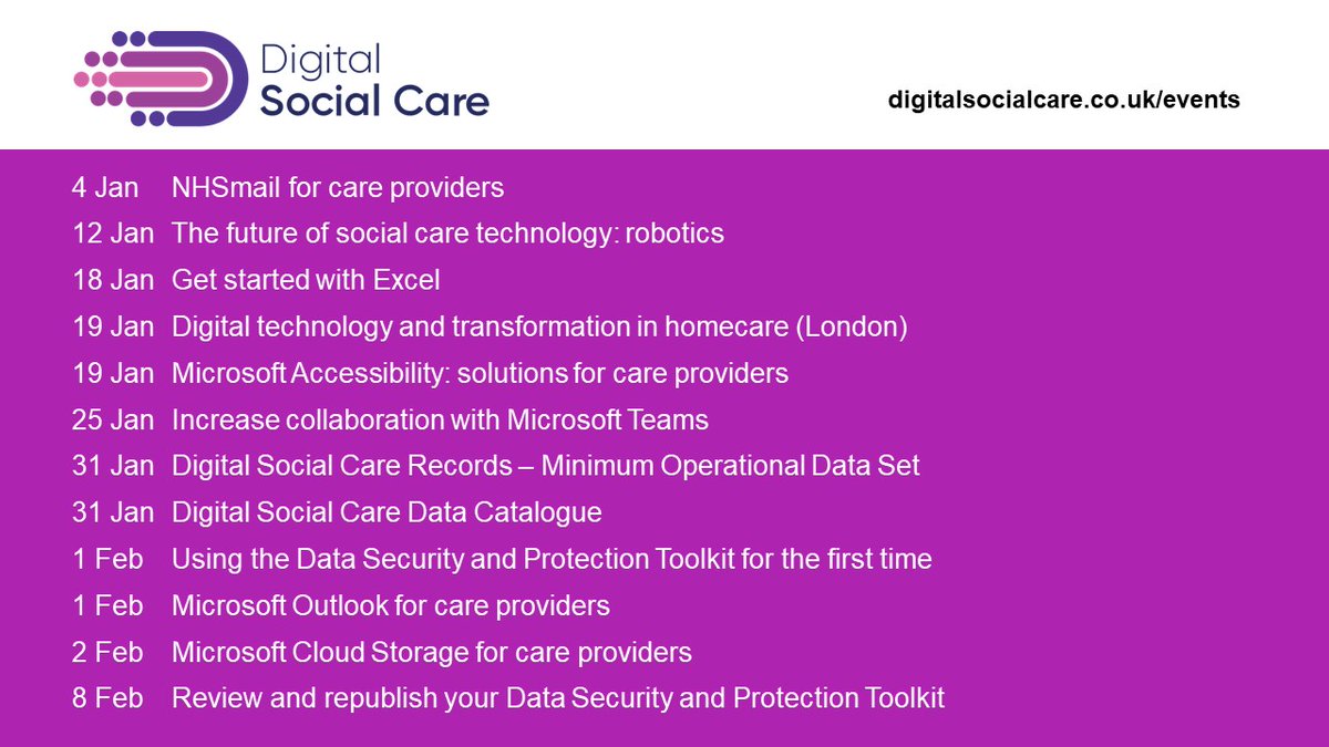 Is your New Year's resolution to get to grips with tech?
We can help!
Book one of our webinars or events:
digitalsocialcare.co.uk/events/

#digitaltransformation #BetterSecurityBetterCare 

<a href="/CPA_SocialCare/">CareProviderAlliance</a> <a href="/LGAcyberdigital/">LGA Cyber, Digital and Technology</a> <a href="/NHSTransform/">Transforming health and care</a> <a href="/caspa_cic/">CASPA</a> <a href="/Socitm/">Socitm</a> <a href="/skillsforcare/">Skills for Care</a> <a href="/SCIE_socialcare/">SCIE</a>