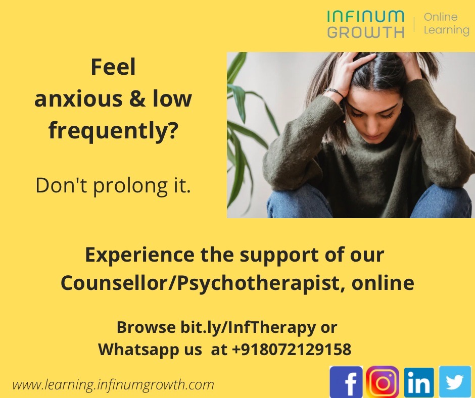 Have you often felt low and didn’t know how to overcome it? 
Take help from our experienced mental health Professionals with a 1-1 online session.

Reach out to us at therapy@infinumgrowth.com or WhatsApp us on 8072129158 

#mentalhealth #anxiety #counsellingservices