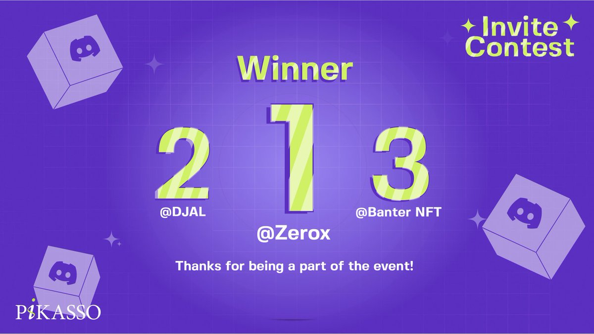 PikassoNFT's tweet photo. We won’t leave you 🦥 hanging! As promised, here are the Invite Contest winners:
🥇 #1: Xerox
🥈 #2: DJAL
🥉 #3: Banter NFT
Congrats to our 3 winners. Didn’t win? Don’t worry, we’ll have some bigger and better events coming real soon! 

#pikasso #nft #Airdrop #invitecontest https://t.co/MxPSCYmHYX