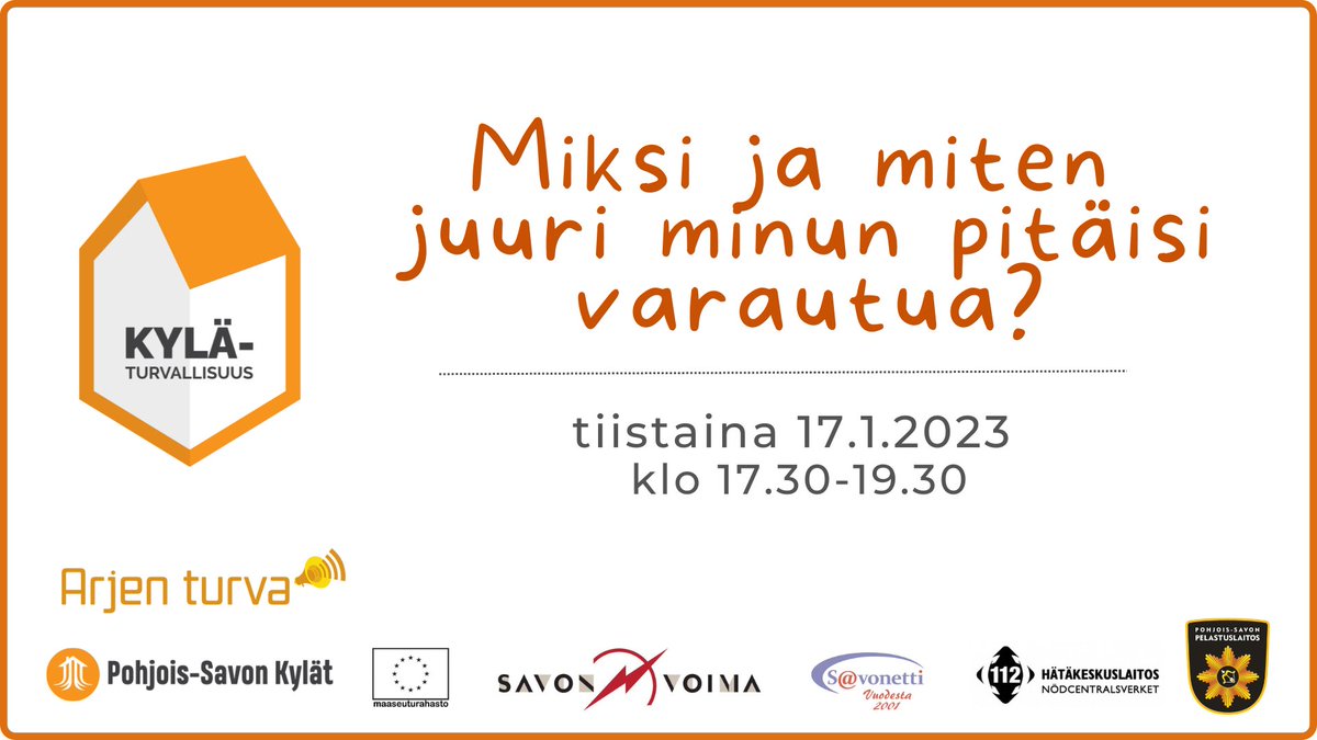 Jos varautuminen mietityttää ilmoittaudu mukaan Miksi ja miten juuri minun pitäisi varautua 17.1.2023 klo 17.30-19.30. Ilmoittaudu link.webropolsurveys.com/S/E7B2FD1303B0… 
#varautuminen #kotivara #sähkökatkot
