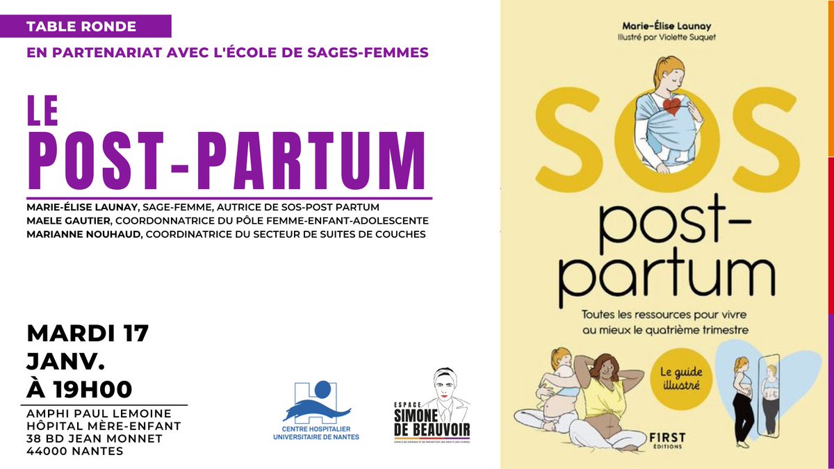 🟣 ÉVÉNEMENT 🟣

RDV mardi 17 janvier à 19h00 à l'amphi Paul Lemoine de l'Hôpital Mère-Enfant pour une rencontre sur le post-partum.

Marie-Elise Launay, autrice de SOS post-partum présentera son ouvrage et échangera avec Maële Gautier,et Marianne Nouhaud, du CHU de Nantes.