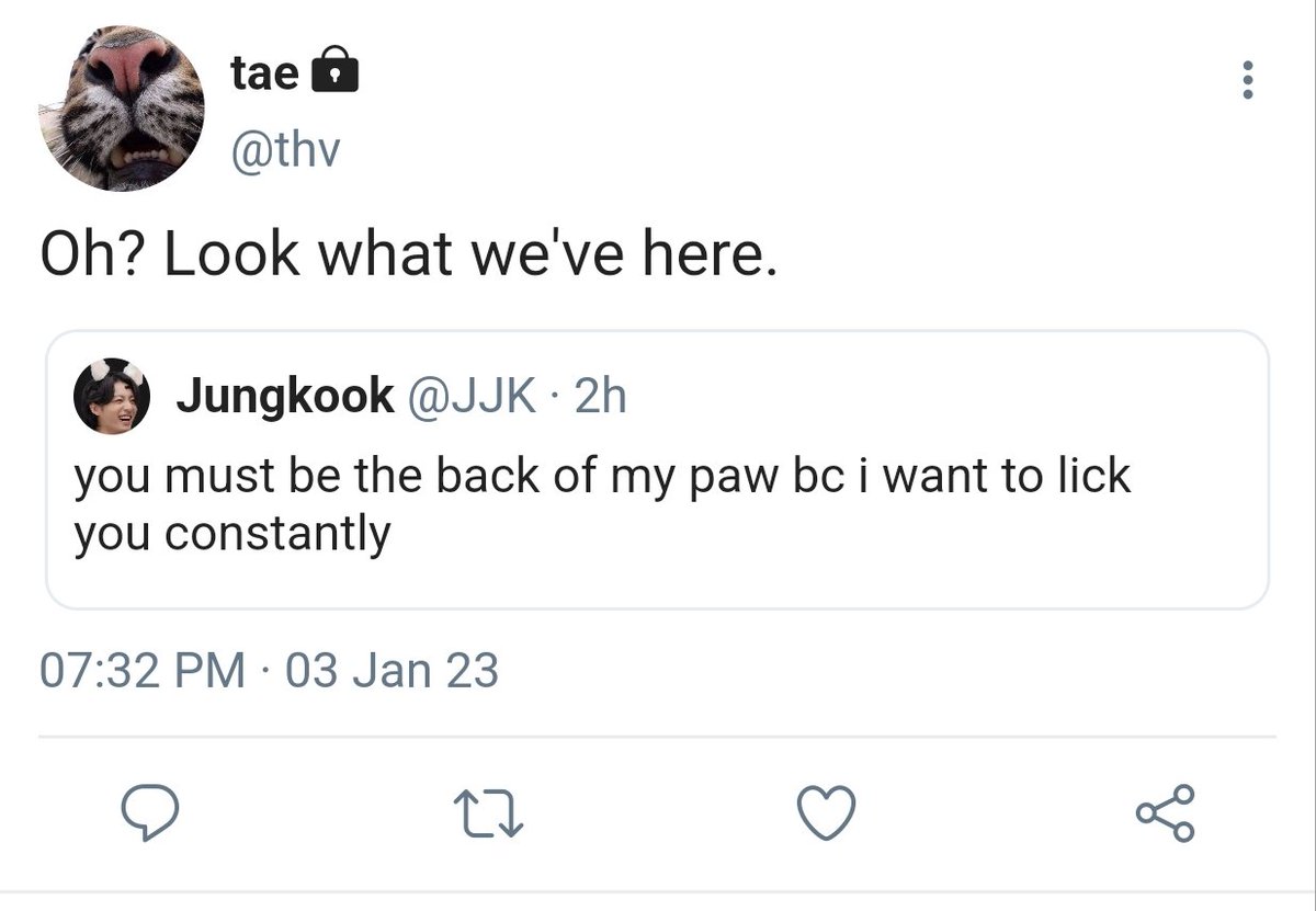 yoongguk's tweet photo. #taekookau where cat hybrid jungkook loses a bet and has to flirt with jaguar hybrid taehyung https://t.co/dBKg31hFZx