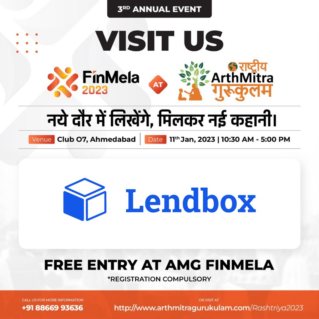 Don't miss out on the opportunity to meet the Lendbox team at Finmela 2023 organised by <a href="/ArthmitraG/">ARTHMITRA GURUKULAM</a> ! We'll be at stall number 60-61,  Register for the event here: lnkd.in/daGiR6Wh
 
See you there! 

#Finmela2023  #perannum #lendbox
