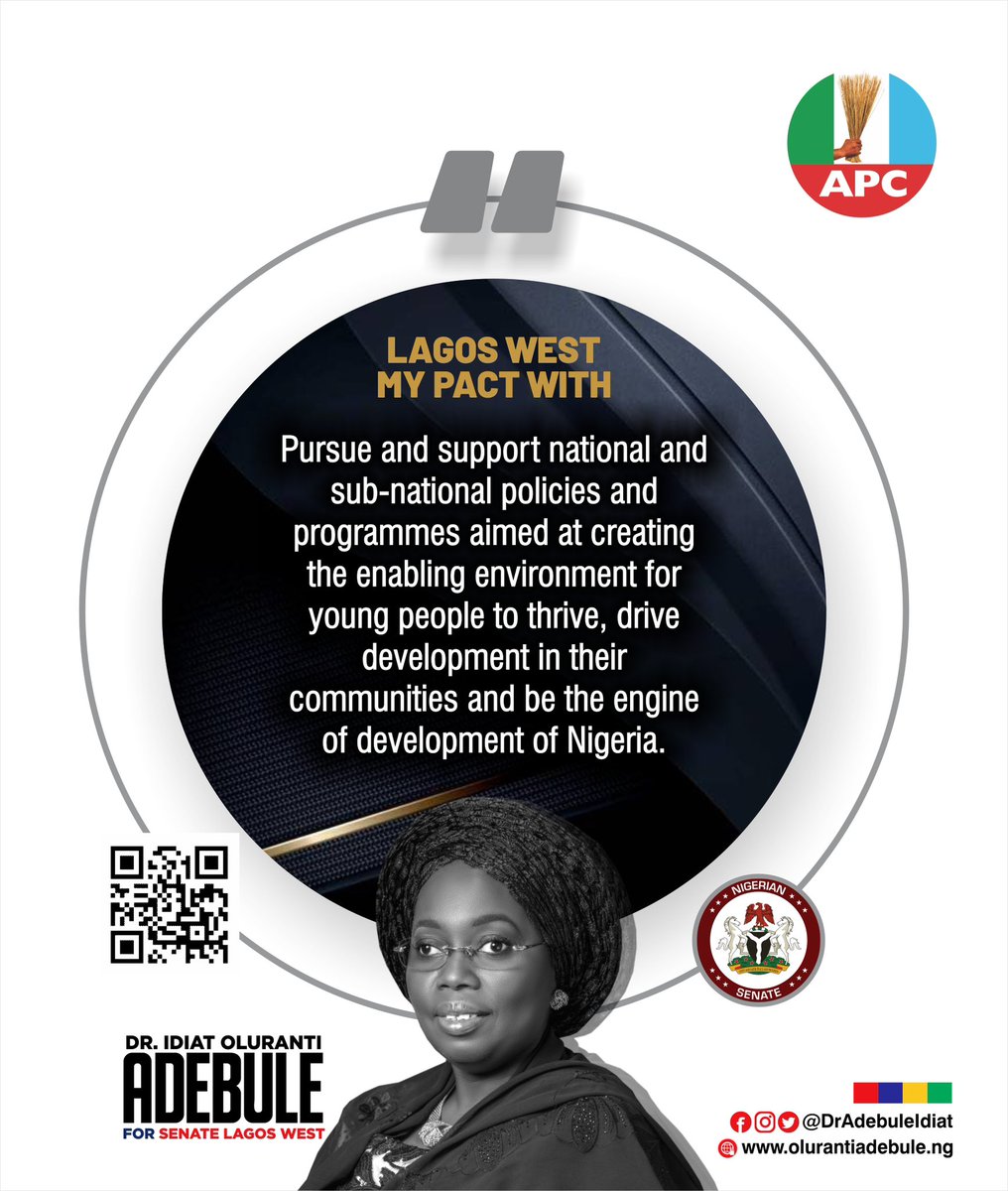 DrAdebuleIdiat's tweet photo. My Pact With Lagos West
Pursue and support national and sub-national policies and programmes aimed at creating the enabling environment for young people to thrive, drive development in their communities and be the engine of development of Nigeria.
#Adebule4Senate
#VoteAPC https://t.co/Dhv7CIiYDh