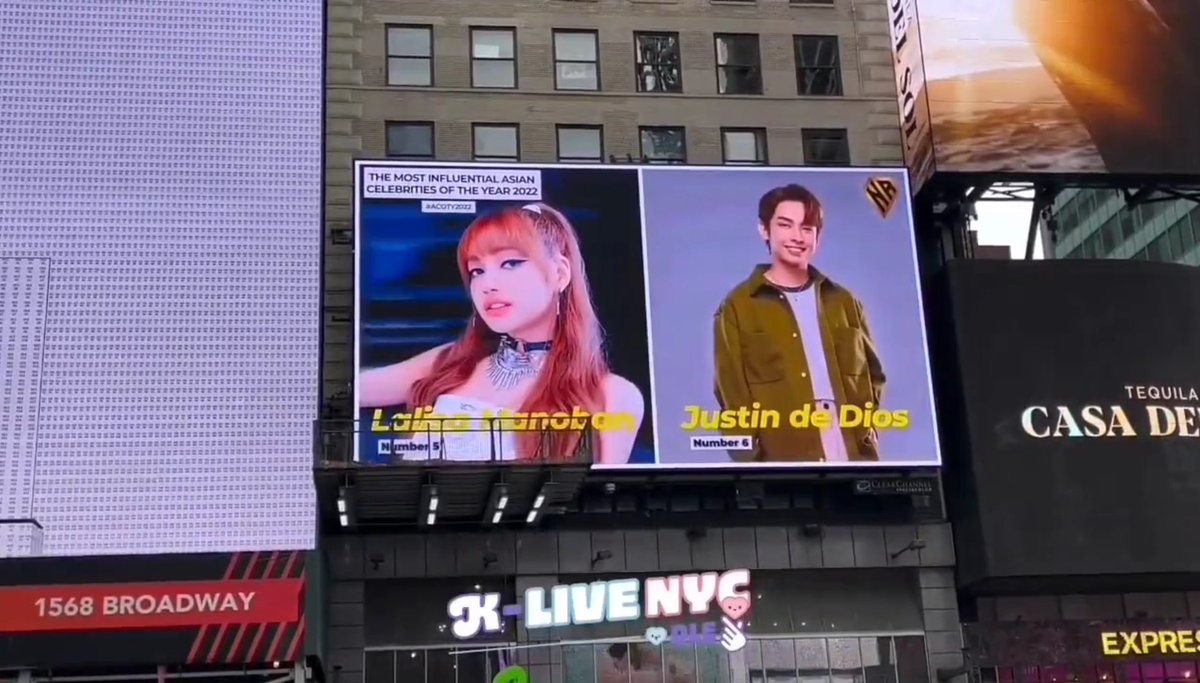 PILIPINAS, REPRESENT! 🇵🇭

<a href="/SB19Official/">SB19 Official</a> member Justin de Dios appears on a Times Square billboard in New York City as one of the finalists in the Most Influential Asian Celebrities of the Year 2022. He ranked No. 6 in the yearend list. 

📸 @portaIhandebr