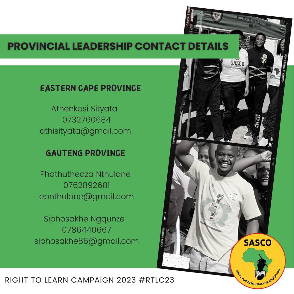 SascoNational's tweet photo. Broadening Access,Making SASCO the first friend on Campus
SASCO Provincial Contacts for Right To Learn Campaign 2023
#RTLC23
#SASCO32 https://t.co/NHhIQhlQTj