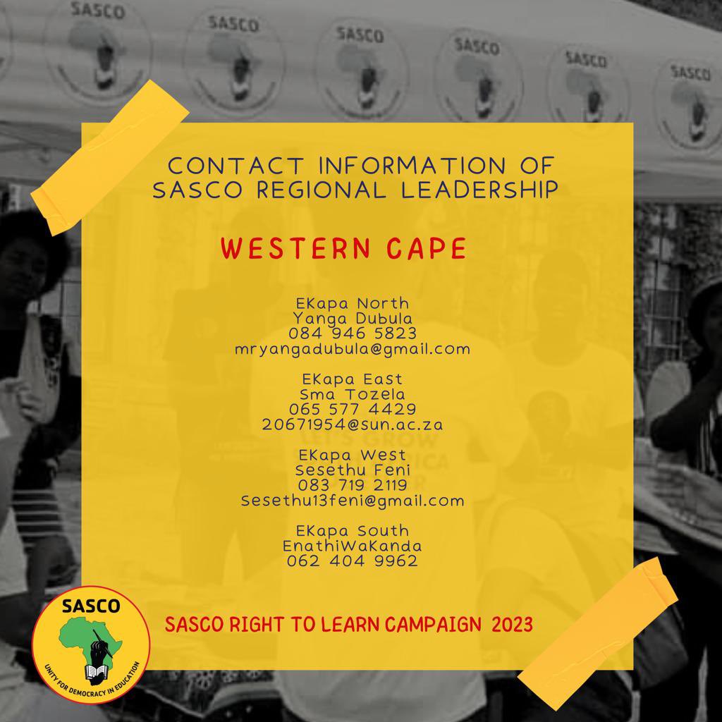 SascoNational's tweet photo. Broadening Access,Making SASCO the first friend on Campus
SASCO Regional Contacts for Right To Learn Campaign 2023
#RTLC23
#SASCO32 https://t.co/iQ58ghCU2d
