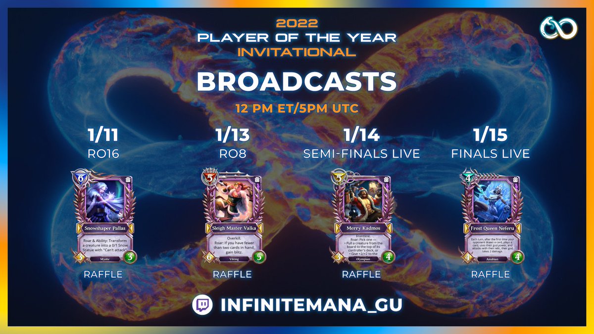 Tune in next week on Twitch (twitch.tv/infinitemana_gu) to catch the live broadcasts of the <a href="/GodsUnchained/">Gods Unchained</a> 2022 Player of the Year Invitational, hosted by 8M and sponsored by @aquadotxyz. The most competitive GU tournament to date, every match will be a banger!