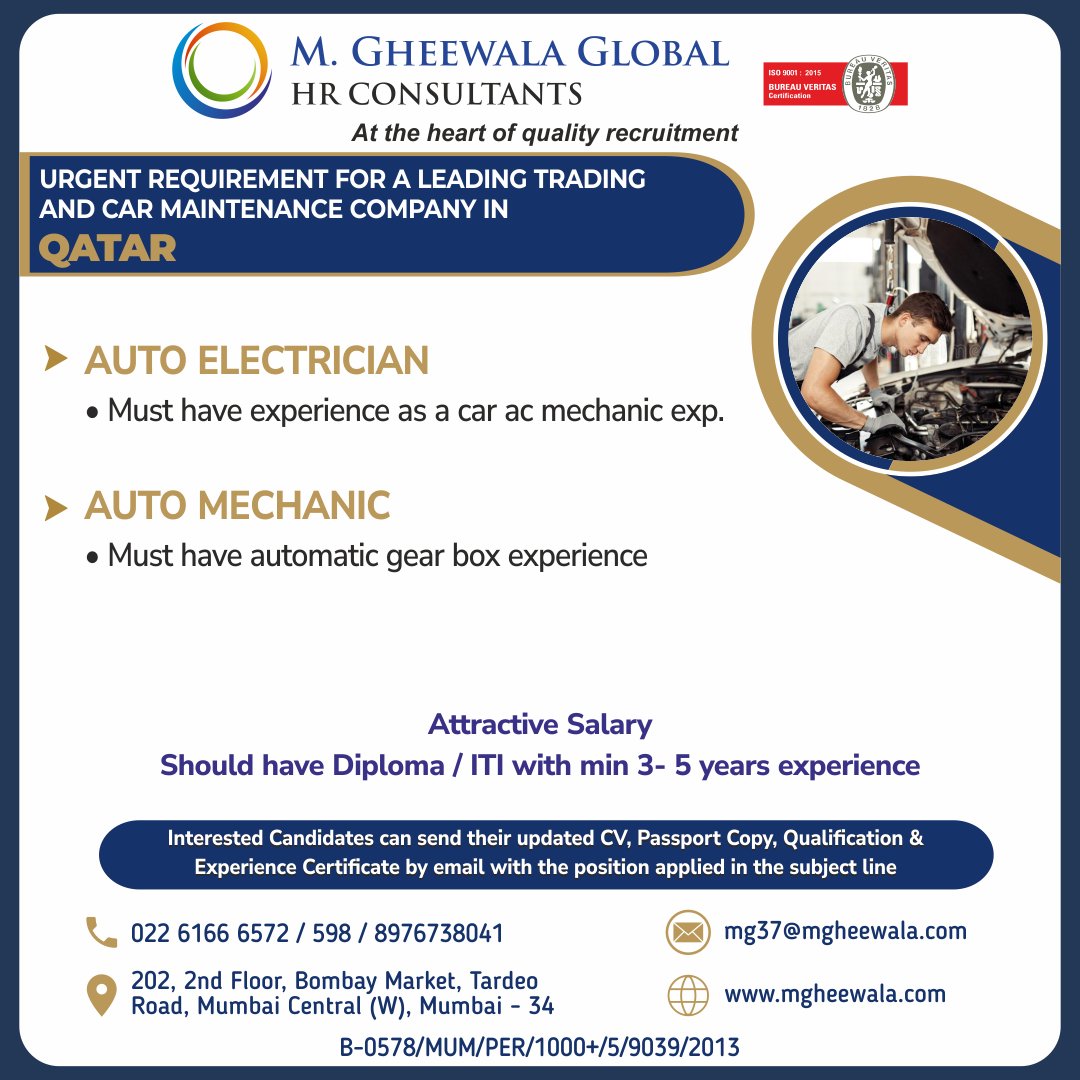 mgheewala_hrc's tweet photo. Job Vacancies for #Qatar

Interested Candidates can send the updated resume to mg37@mgheewala.com

Learn More https://t.co/Ps4bxv2mB1

#electrician #autoelectrician #electricianjob #automechanic #mechanic #mechanicjob #carmechanic #automotive #qatarjobs #jobsinqatar https://t.co/VfV6IA4XCP