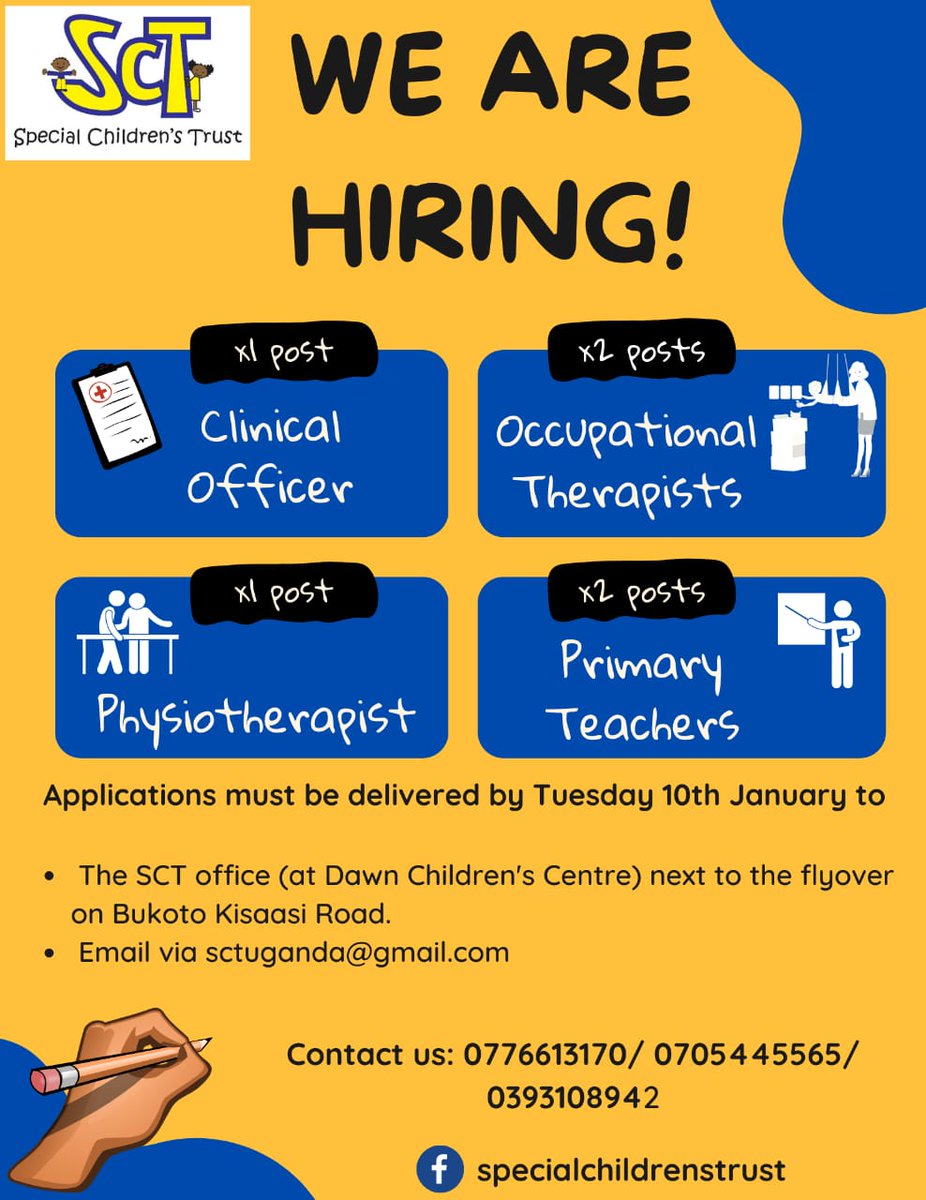 SCTUganda's tweet photo. Happy New Year 2023 from the Special Children's Trust. We are starting off the new year with good news! We Are Hiring!
We look forward to finding some new team members to add to our amazing team this year.
Details are in the flyer below, https://t.co/jSAk1KQ4hX