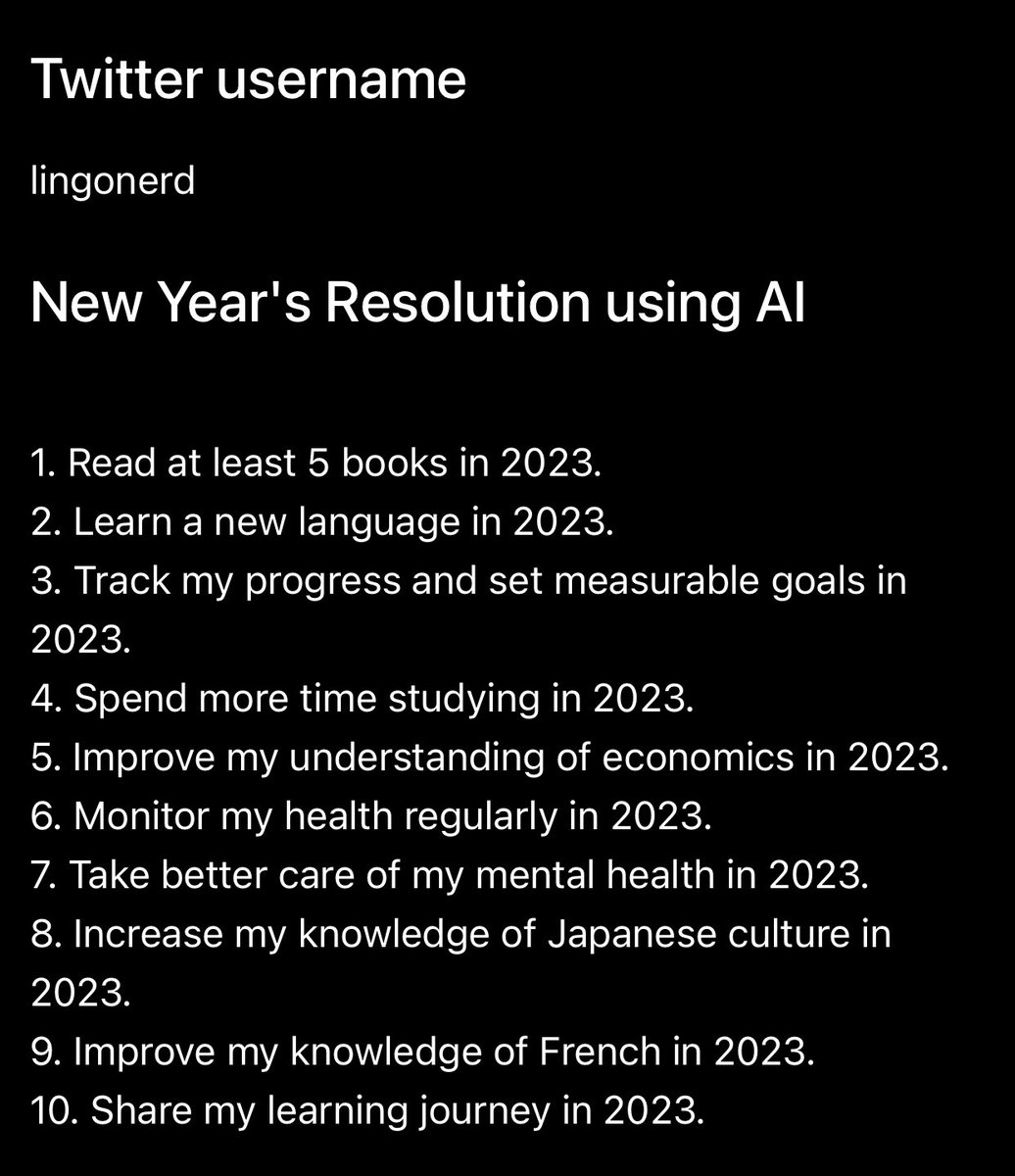 lingonerd's tweet image. My New Year's resolution using AI 🌟🤖💪

Read at least 5 books in 2023. (i was thinking 50😅)

 #cookup #openai