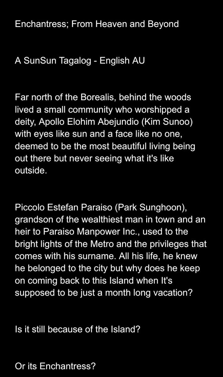 PaoFics's tweet photo. Enchantress; From Heaven and Beyond

A SunSun Tagalog - English AU

Check photo for synopsis. https://t.co/3XgXwzvRYC
