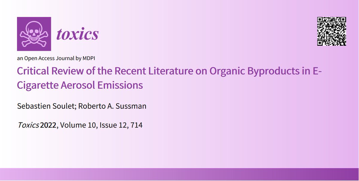 Toxics_MDPI's tweet photo. #Highly_Accessed_Articles
📝 Critical Review of the Recent Literature on Organic #Byproducts in #E-Cigarette #Aerosol Emissions  

👥By Sebastien Soulet and Roberto A. Sussman from @UNAM_MX
 
💻To view full-text: https://t.co/wz54IoSS3r

#vaping  #puffing_protocols https://t.co/SdvzHob7Si